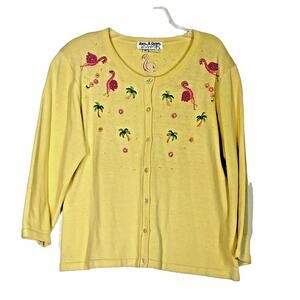 Vintage Jack B Quick Cardigan Womens XL Yellow Beaded Flamingo Sweater Vacation